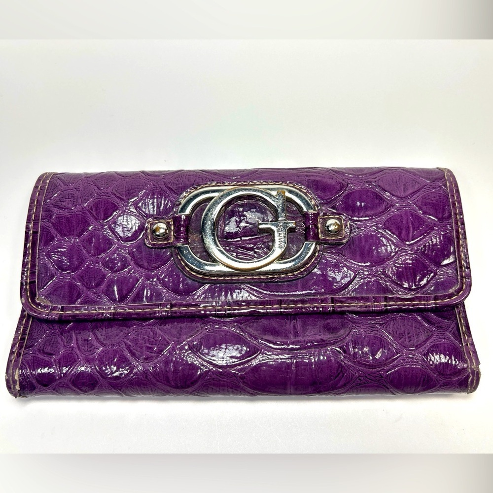 Guess moc croc purple alligator embossed trifold wallet woman’s